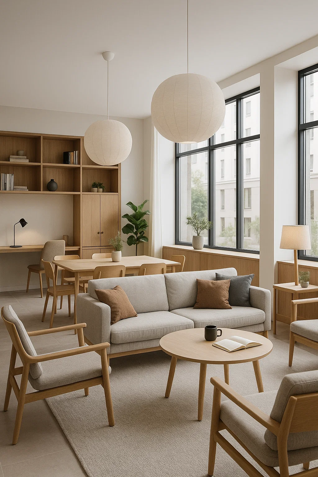 Lyst og moderne opholdsrum med skandinavisk indretning, lyse træmøbler, grå sofa, store vinduer og papirlamper i loftet